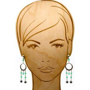 Summer Green Shoulder Duster Earrings, Vintage Chased Hoops with Green Bicone
